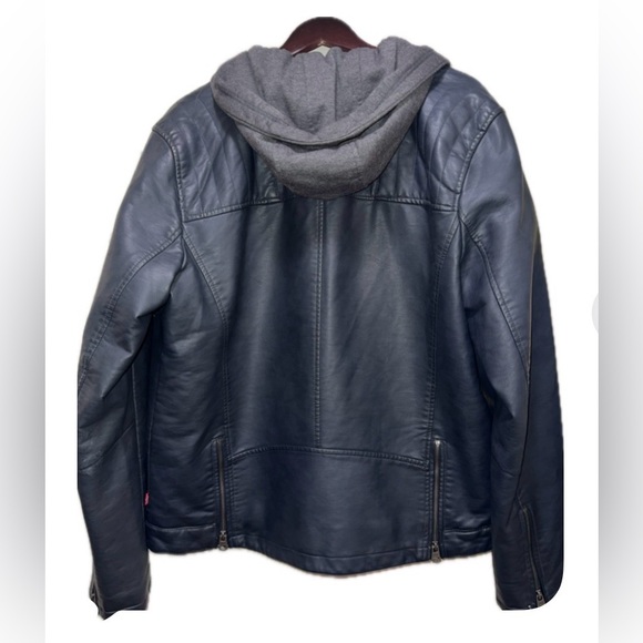 Men's Blue Faux Leather Jacket with Hood - Picture 6 of 12